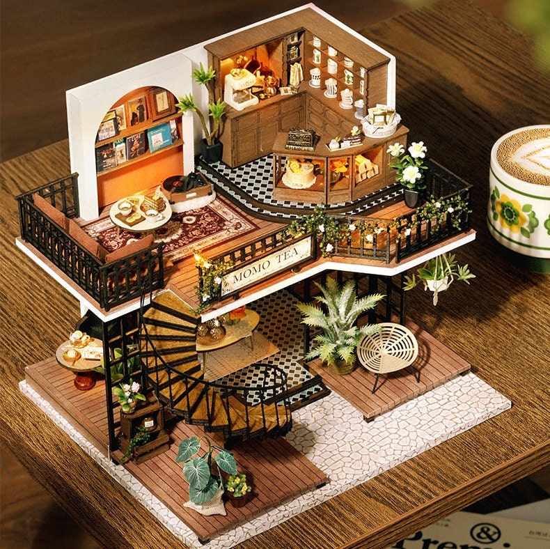 DIY Momo Tea House Miniature Dollhouse Kit | Adult Craft Gift