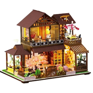 DIY Japanese Style Forest Pavilion Wooden Miniature Doll House kit || 1:24 with light Adult Craft Gift Decor
