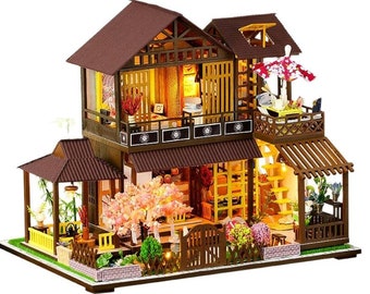 Japanese Forest Pavilion Dollhouse Kit | DIY Miniature with LED Lights