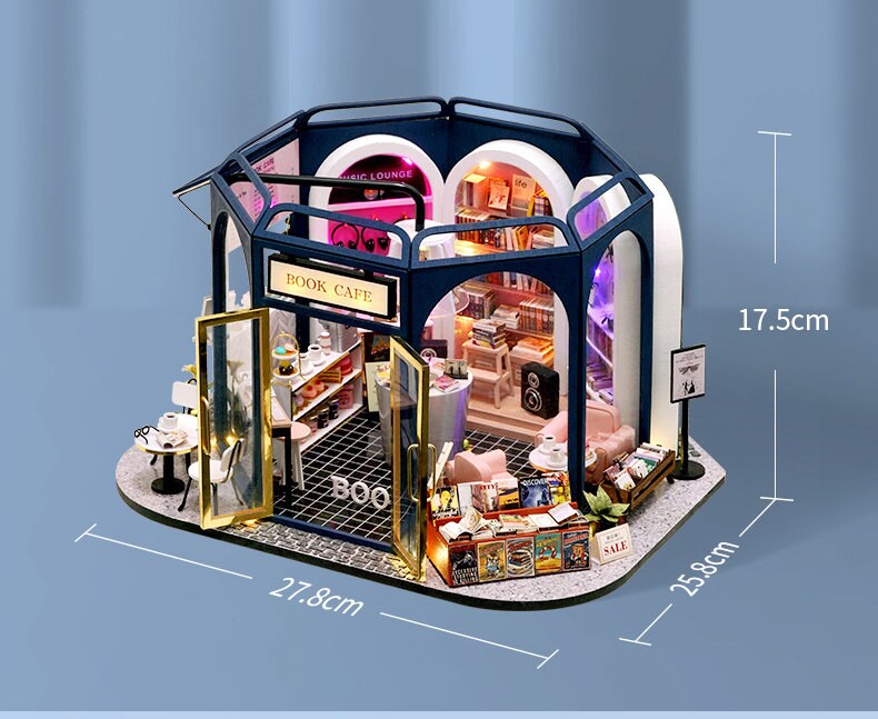 DIYブックカフェミニチュアドールハウスキット｜ライト付きターコイズ