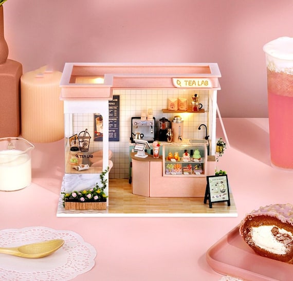 DIY Bubble Tea Miniature Doll House Kit 1 24 Glass Turquoise Cute