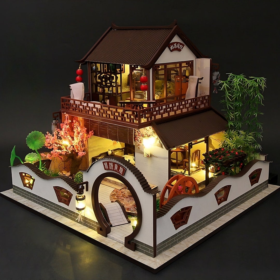 DIY Chinese Style Traditional Garden Miniature Doll House Kit 1:24 With  Light Adult Craft Gift Decor 