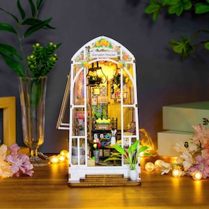 Coin de livre de maison verte de jardin en verre - Insert d'étagère de livre - Bibliothèque avec kit de construction de modèles légers