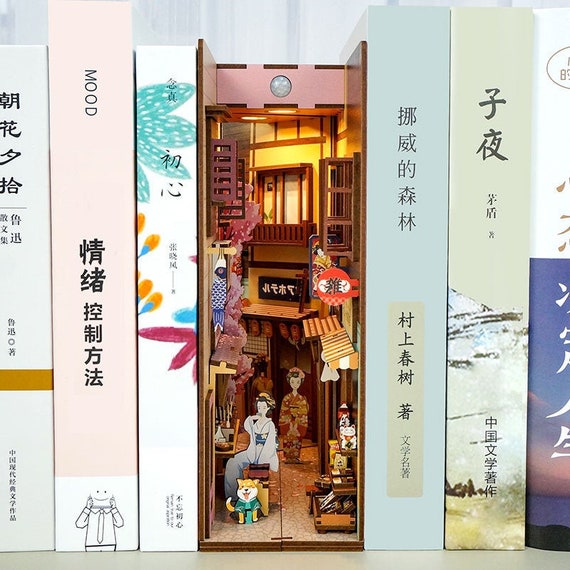 Japan Ancient Town Book Nook Book Shelf Insert Bookcase With Light Model  Building Kit 