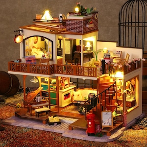 DIY Modern Brick House Wooden Miniature Doll House kit || 1:24 with light Adult Craft Gift Decor