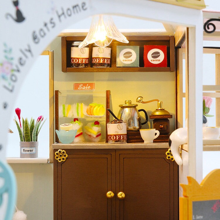 Kit De Casa De Muñecas En Miniatura De Madera Con Luz LED Y Música - Cafetería Con Gatos, Manualidades DIY Para Adultos Y Regalos Originales
