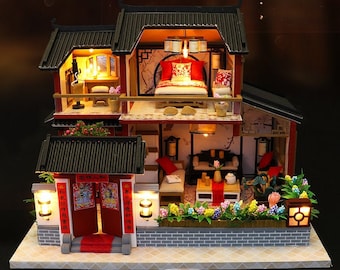 DIY chinesische traditionelle Miniatur Puppe Haus Kit || 1:24 Skala mit leichten Erwachsenen Handwerk Geschenk Dekor