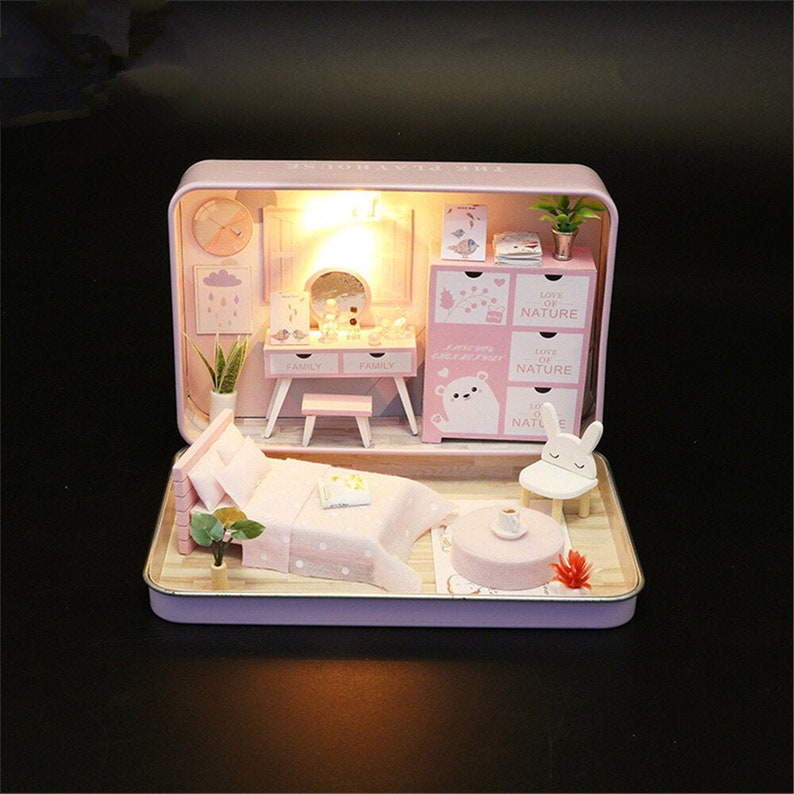 DIY Bunny Room Theatre Miniature Box Doll House Kit || 1:24 with light kid craft and adult craft 