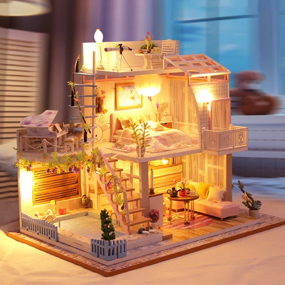 DIY Holz Puppenhaus Miniatur Zimmer Häuser Modell Geschenk Gartenhaus Dekor 