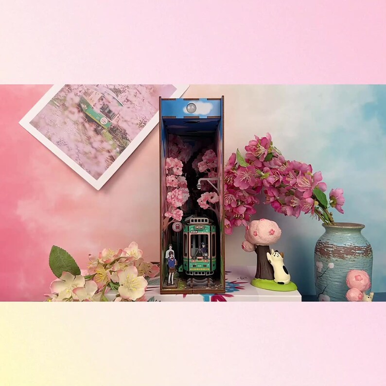 Sakura Trip on Train Book Nook Book Shelf Insert Bookcase