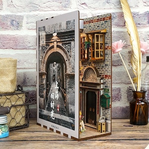 Shanghai Old Town Book Nook Book Shelf Insert Bookcase with Light Model Building Kit image 2