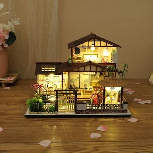 DIY Japanese Garden Style Wooden Miniature Doll House kit 1:24 with light Adult Craft Gift Decor image 2