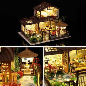 DIY Japanese Garden Style Wooden Miniature Doll House kit 1:24 with light Adult Craft Gift Decor image 4