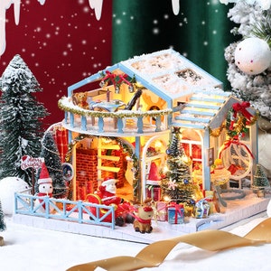 DIY Christmas Miniature Doll House Kit  || 1:24 Glass Garden Turquoise Cute Room with Light and Music Box Craft