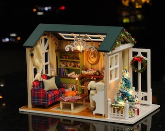 DIYクリスマスハウス木製ミニチュアドールハウスキット|| 1:24ライトと
