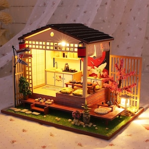 DIY Japanese Restaurant Style Wooden Miniature Doll House kit || 1:24 with light Adult Craft Gift Decor