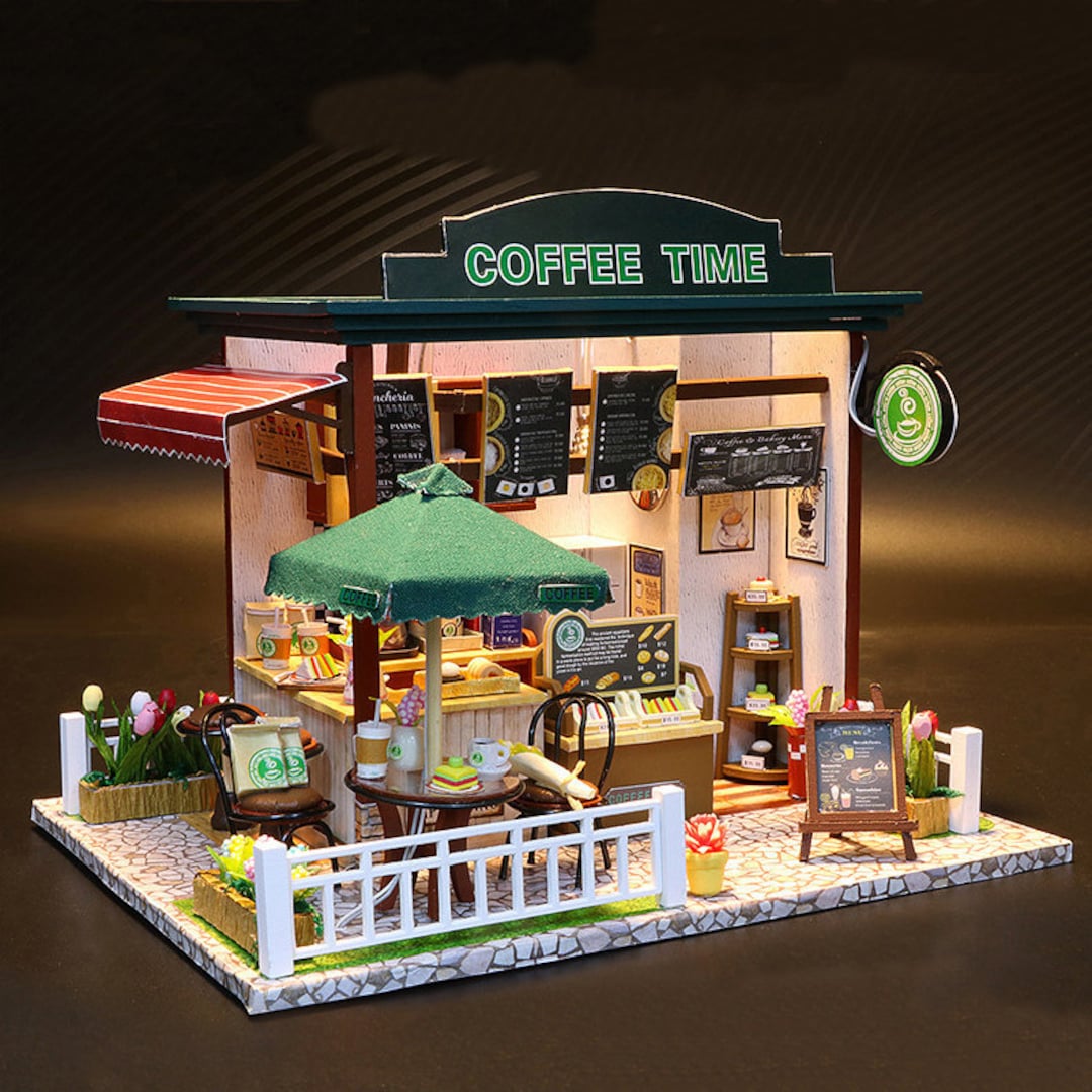 DIYコーヒーショップミニチュアドールハウスキット | LEDライト付き