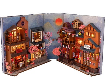 Japan Ancient Town Book Nook - Book Shelf Insert - Bookcase with Light Model Building Kit