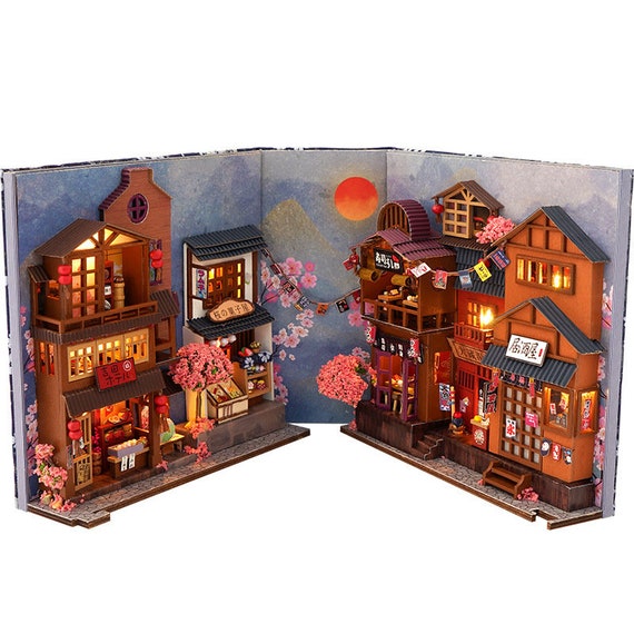 Japan Ancient Town Book Nook Book Shelf Insert Bookcase With Light Model  Building Kit 