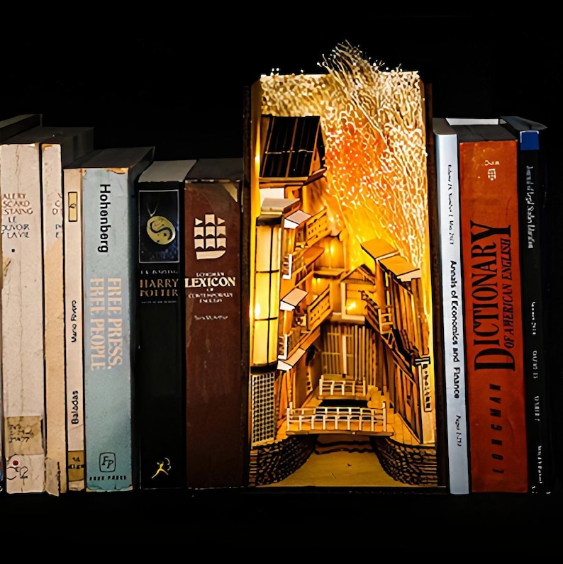 Chinese Village Alley Book Nook - Book Shelf Insert - Bookcase with Light Model Building Kit 