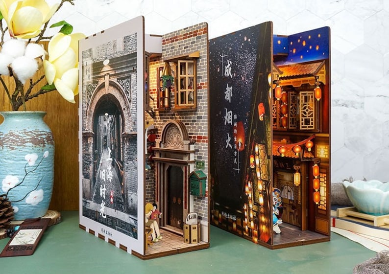 Shanghai Old Town Book Nook Book Shelf Insert Bookcase with Light Model Building Kit image 6