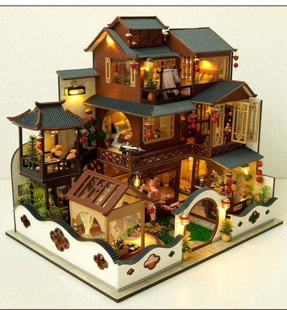 DIY Chinse Style Villa Wooden Miniature Doll House Kit Large Scale With  Light Adult Craft Gift Decor 