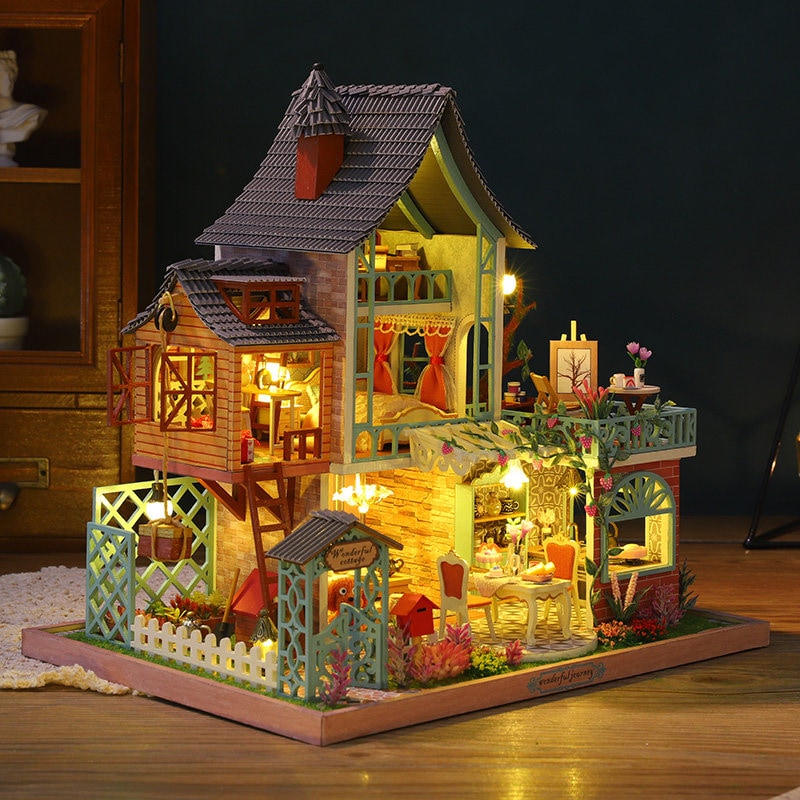 Cute diy artisanat miniature maison de poupées-en bois maison de poupée & lumières-rapide post 