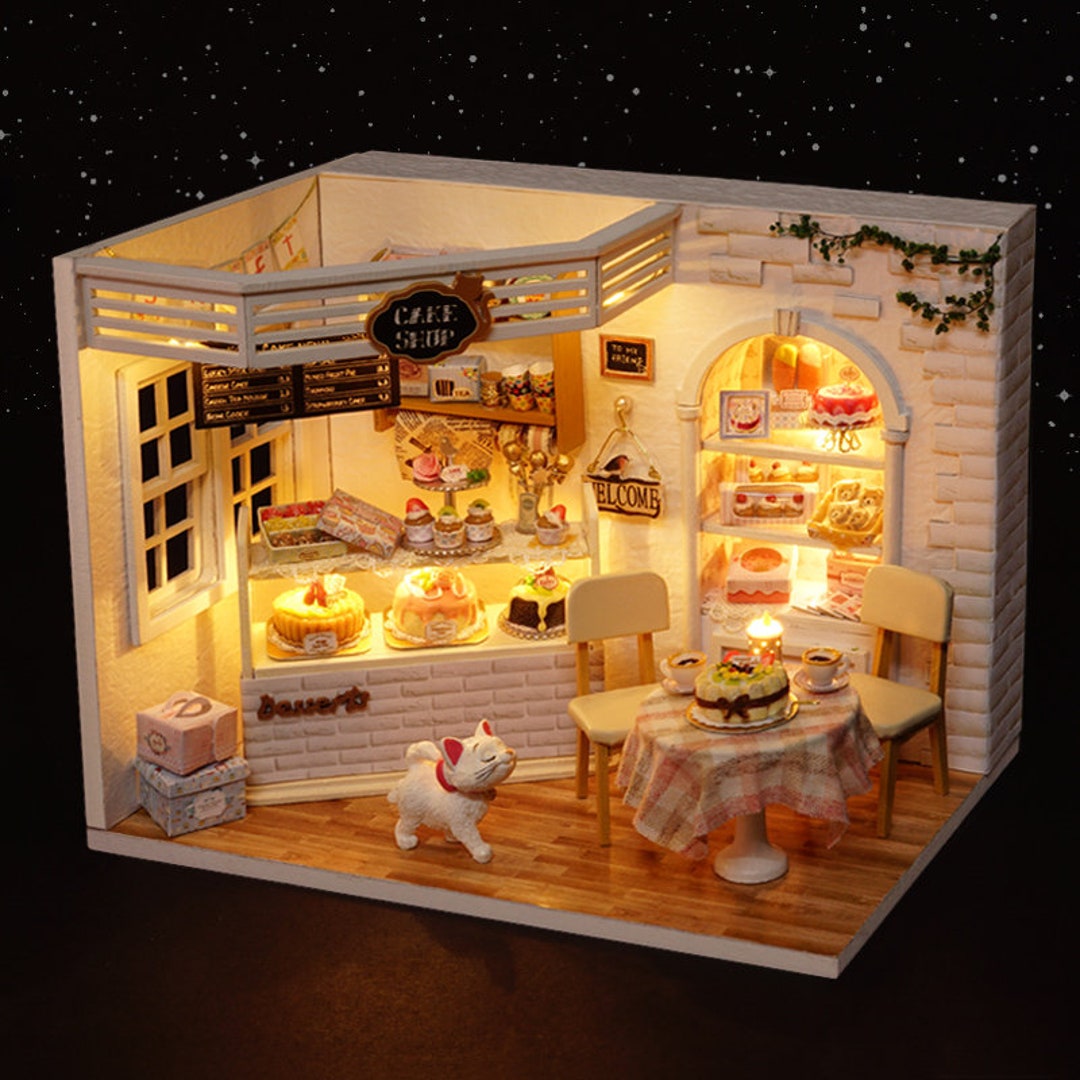 Small Cake Shop Miniature Doll House Kit 1:24 With Music Box and Light ...