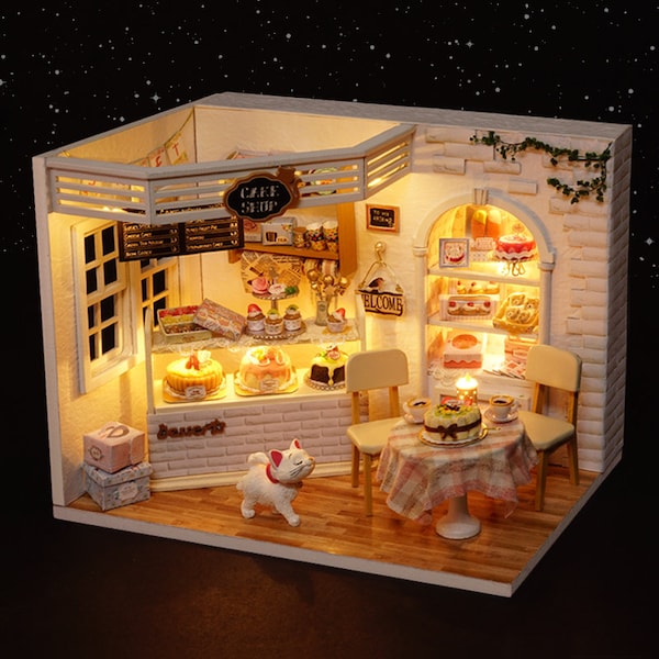 Small Cake Shop Miniature Doll House Kit || 1:24 with Music Box and light for Adult Gift Decor