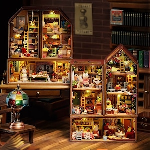 DIY Kaninchen Stadt Miniaturen Puppenhaus Kit || 1:24 Kombi Kit mit hellem Bastel Geschenk Dekor