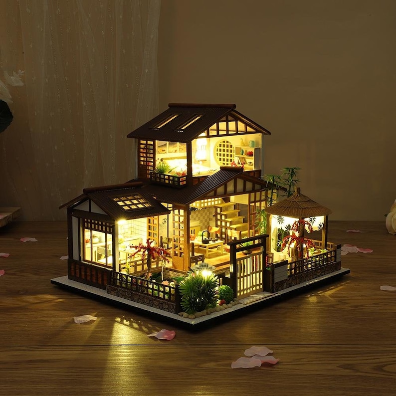 DIY Japanese Garden Style Wooden Miniature Doll House kit 1:24 with light Adult Craft Gift Decor image 1
