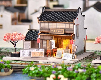 DIY Chinese Calligraphy House Wooden Miniature Doll House kit || 1:24 with light Adult Craft Gift Decor