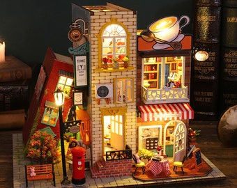 DIY Miniature Book Nook Dollhouse Kit | Wooden Coffee Shop with LED