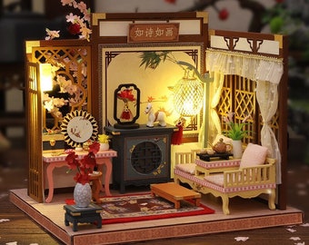 DIY Tradition Chinese Makeup Room Wooden Miniature Doll House kit || 1:24 with Dust Cover light Adult Craft Gift Decor