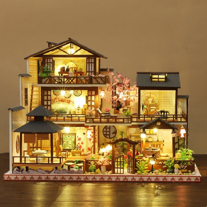 WonDerfulC Miniature Wooden Dollhouse Japanese/Seaside/Car House Market DIY  Doll House Kit Villa Building 3D Model Creative Gifts for Friend and