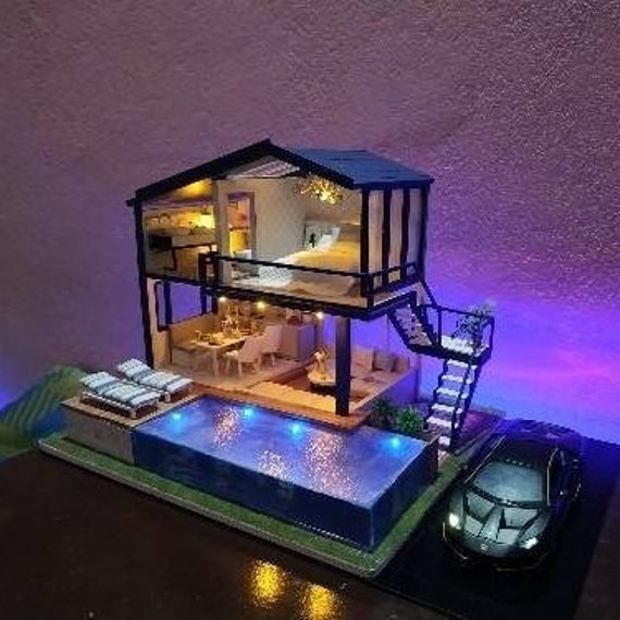 DIY Modern Party Home Miniature Doll House Kit Real Swimming