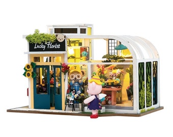 Blumen-Shop Miniaturen Puppenhaus Kit || 1:24 mit Glas Garten nette Zimmer mit Licht Handwerk