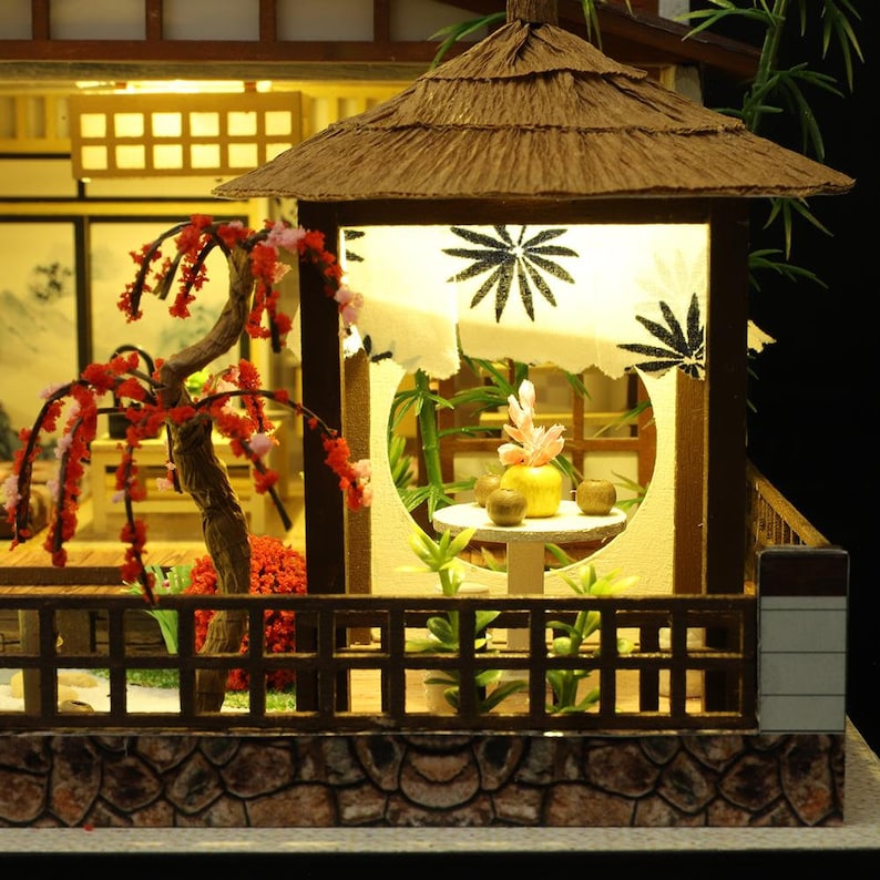 DIY Japanese Garden Style Wooden Miniature Doll House kit 1:24 with light Adult Craft Gift Decor image 7