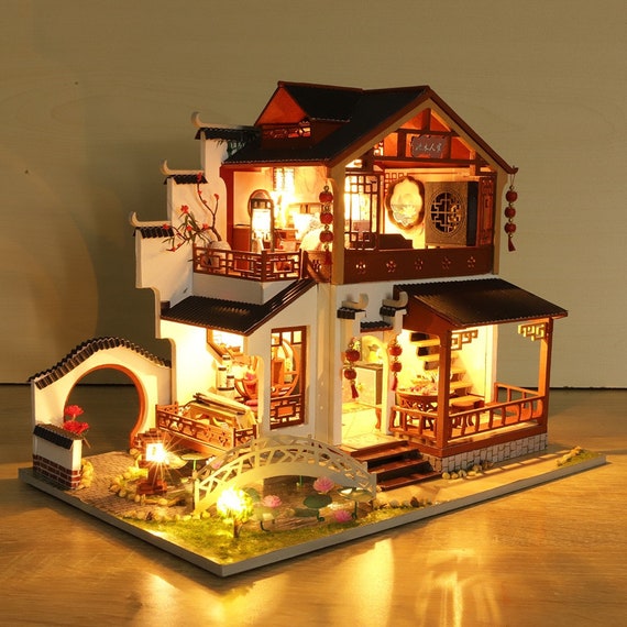 DIY Chinse Style Villa Wooden Miniature Doll House Kit Large Scale With  Light Adult Craft Gift Decor 