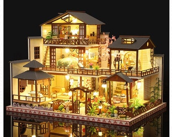 DIY New Japanese Style Villa Wooden Miniature Doll House kit || 1:24 Scale with light Adult Craft Gift Decor