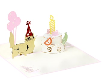 Cat Birthday Pop Up Card – 3D Kitten with Cake