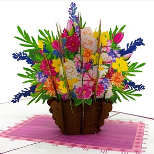 Flower Basket Pop Up Card, Anniversaire, Saint-Valentin 3D, Carte Anniversaire 3D, Merci, Allez bientôt, Félicitations, retraite, Fête des mères