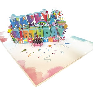 Joyeux anniversaire Texte 3D Pop Up carte colorée Carte d’anniversaire pop up, avec décor d’anniversaire et cadeaux