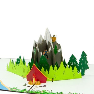 Campeurs et randonnée en montagne Aventure des grimpeurs 3D Kirigami Popup Pop Up Card, carte de fête des pères, carte de fête des mères, retraite