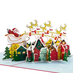 Nuit de Noël ville Père Noël Traîneau Renne carte pop-up