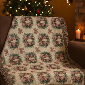 May include: A beige throw blanket with a repeating pattern of wreaths and bows in shades of green and burgundy. The blanket has a fringed edge and is draped over a brown sofa. A Christmas tree with lights is in the background.