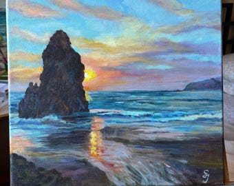 California Sunset Oil Painting: Beach Seascape, Coastal Wall Art