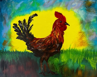 Rooster Painting on a stretched canvas 20"x 16", Original Art Chicken