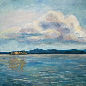 Sunset By The Bay, original oil painting, painting on stretched canvas 16&#39;&#39; X 16&#39;&#39;, seascape wall decor.