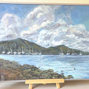 California Bay Seascape original painting , framed oil painting on canvas board  16&#39;&#39;x 20&#39;&#39;